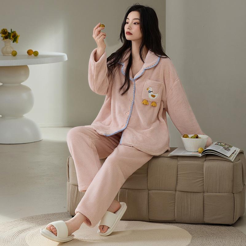 [Antistatic] Pajamas women's autumn and winter fleece thickened long-sleeved warm coral fleece flannel loungewear set