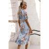 Women's Button Front Floral Short Sleeve Dress Waist Belt A-Line Casual Summer Midi