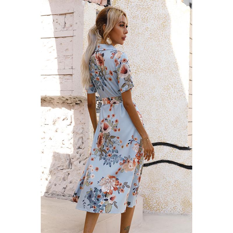 Women's Button Front Floral Short Sleeve Dress Waist Belt A-Line Casual Summer Midi