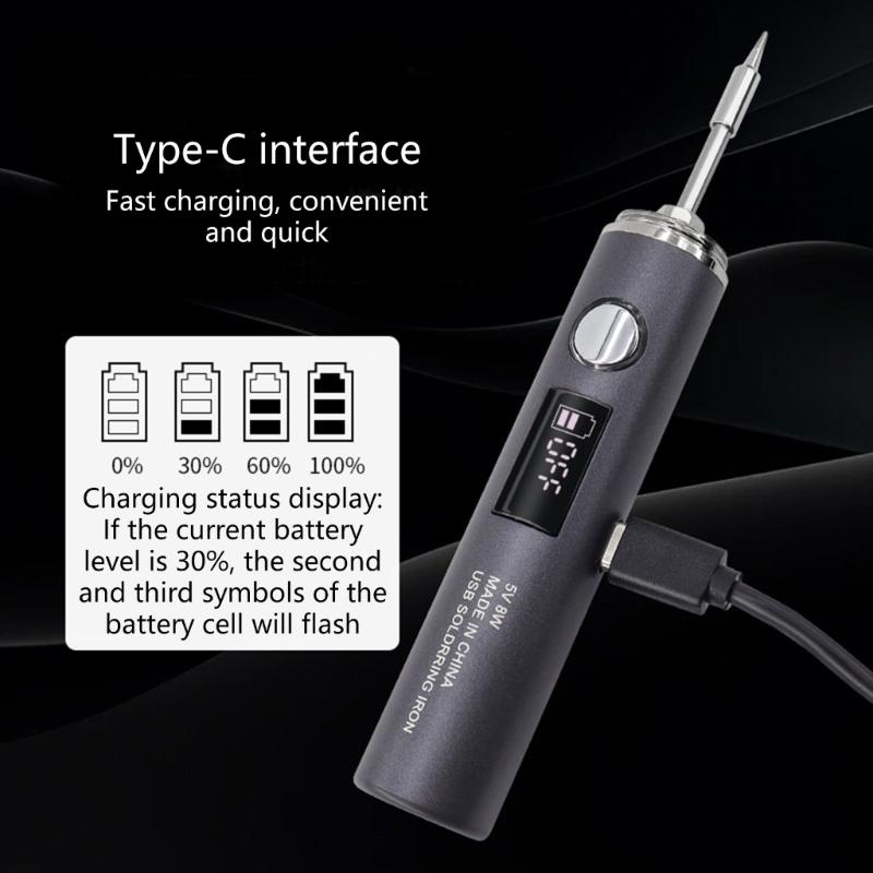 Adjustable Temperature Electric Soldering Iron USB Type C Charging Port Portable DIY Electronics Tool Replaceable Tip