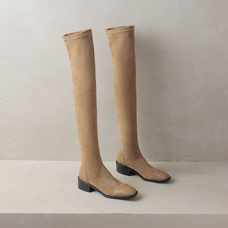 Krazing Pot Flock Autumn Winter Shoes Thick Heels Size 43 Long Boots Apricot Patch Work Stretch Over-the-knee Boots