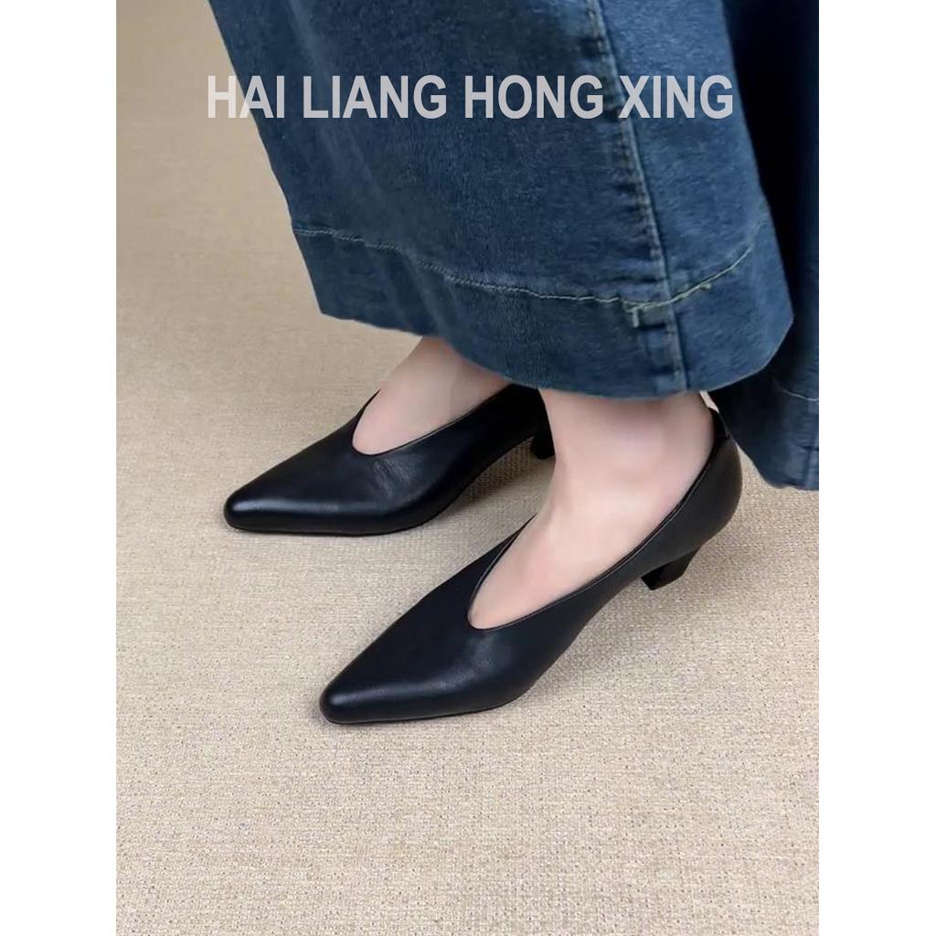 Sheepskin Version~ French Pointed Single Shoes Women's Shallow Mouth Versatile Temperament Commuter Shoes Retro Black Thick Heel High Heels