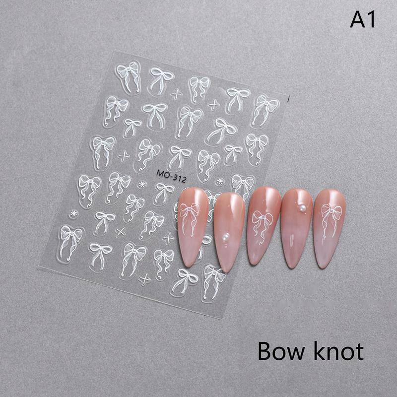 White Ribbon Bowknot 3D Embossed Relief Nail Art Decoration Stickers 1 Sheet Manicure Tool Decals for Creative Nail Design