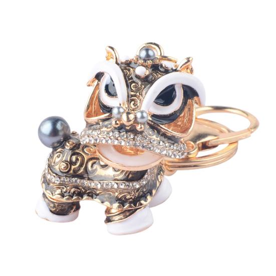 Rhinestone Inlaid Chinese Style Realistic Three-dimensional Unfading Decorate 360 Degree Rotating Head Crystal Rotatable Lion Dance Key Ring Bag
