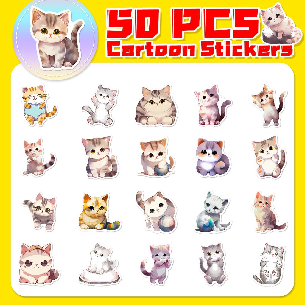 50 Watercolor Cat Stickers Cute Cartoon Animal Cat Head Watercolor Cat Stickers