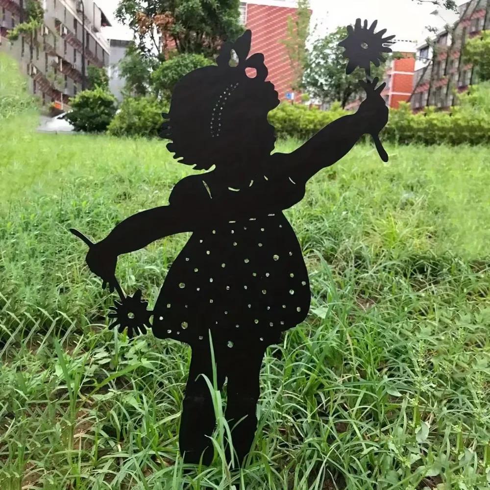 Stunning Little Girl Holding Flowers Garden Stake! Outdoor Decoration Marker. Girl ground.Metal Yard Art with Creative Openwork.