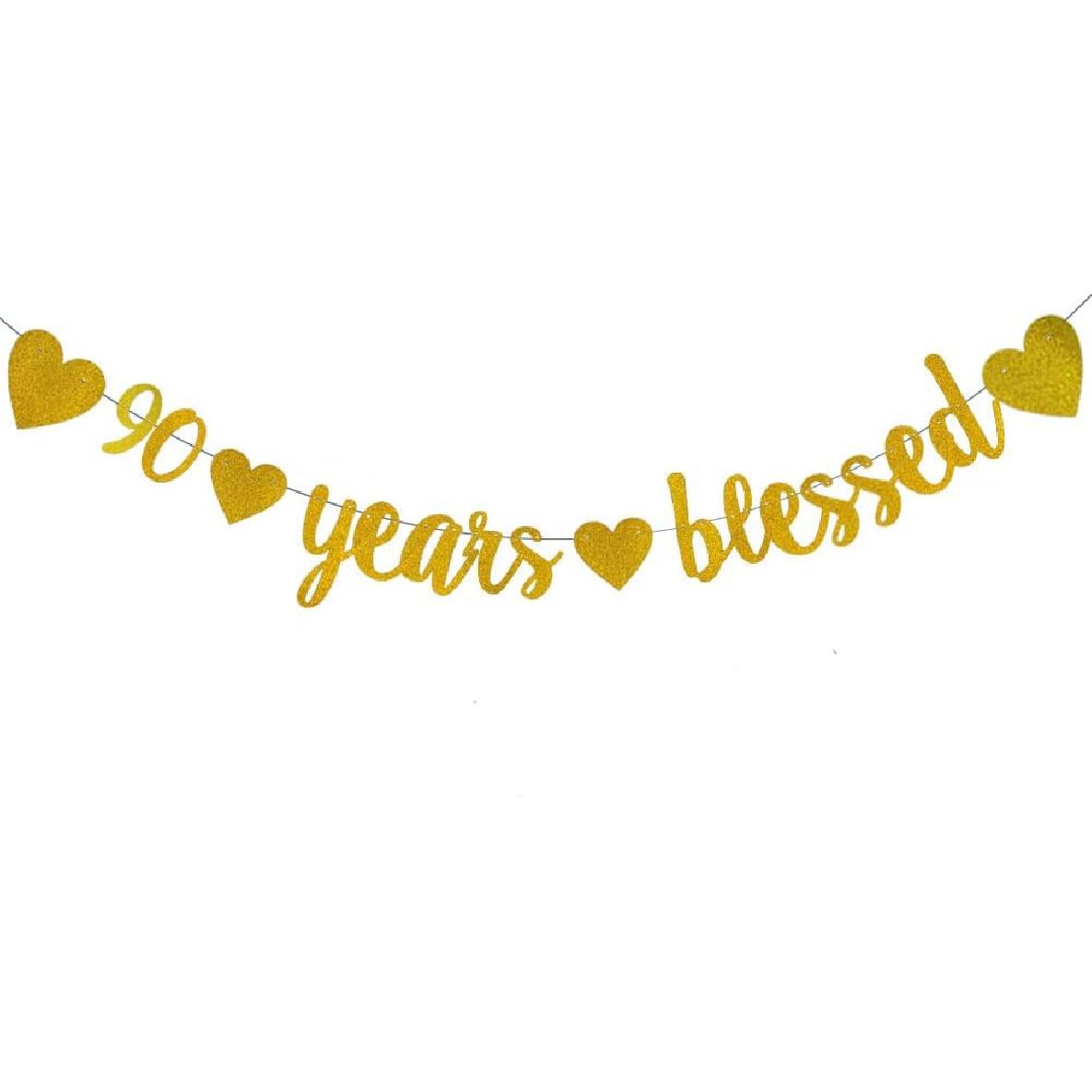 WEIANDBO 90 Years Blessed Gold Glitter Banner,Pre-Strung,90th Birthday