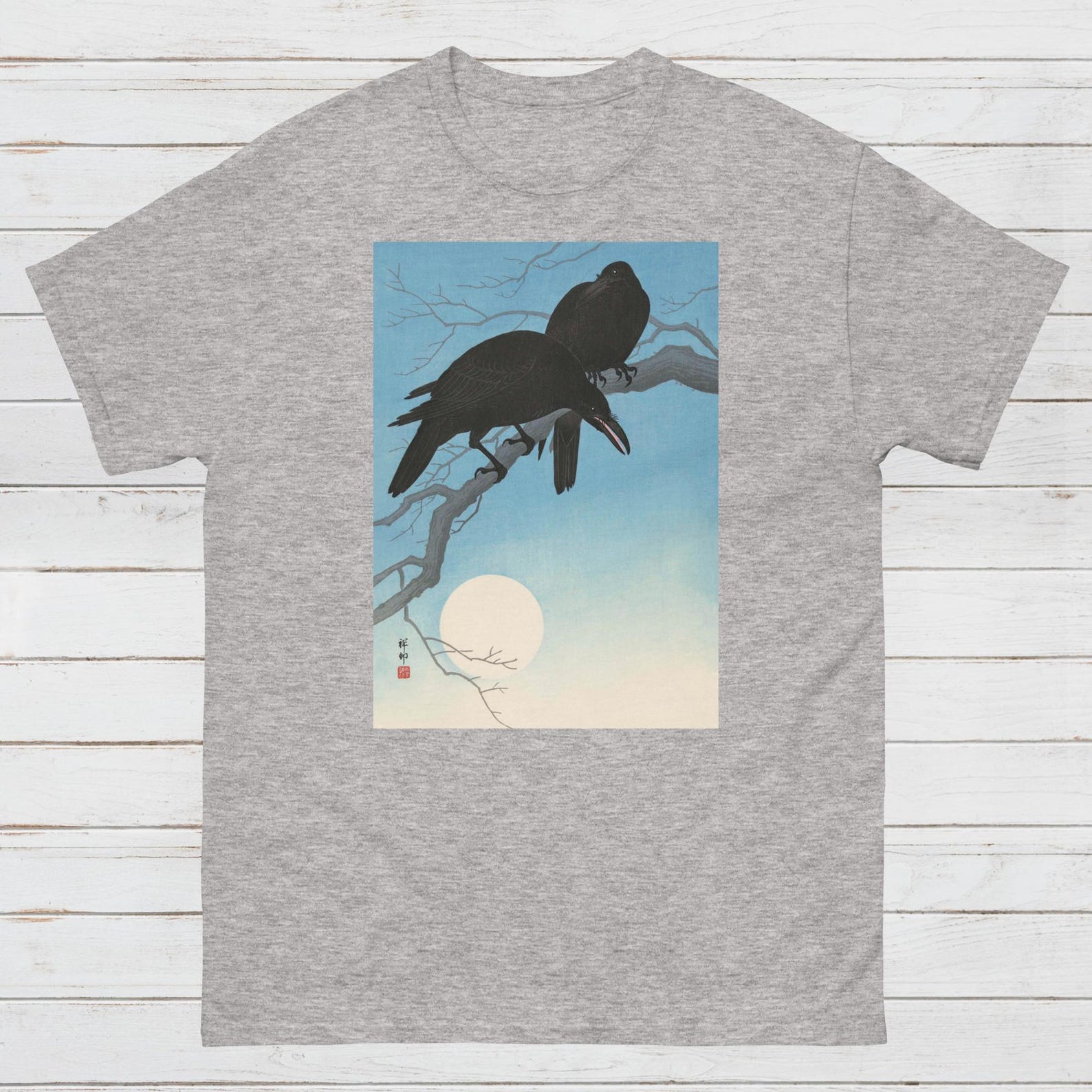 Ukiyo-e Two Crows T-Shirt, Japanese Art Raven Moon Tee M
