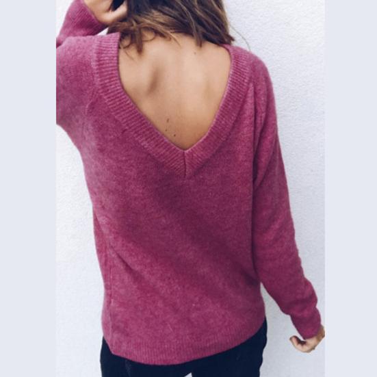 Winter Chic Lady Solid Color V Neck Long Sleeve Casual Pullover Knitted Blouse
