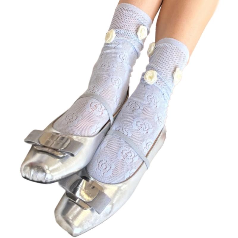 Women Crew Socks Sweet Lolitas Flower Ankle Socks Cute Princesses Ankle Dress Socks Summer Sheer Mesh Lace Socks