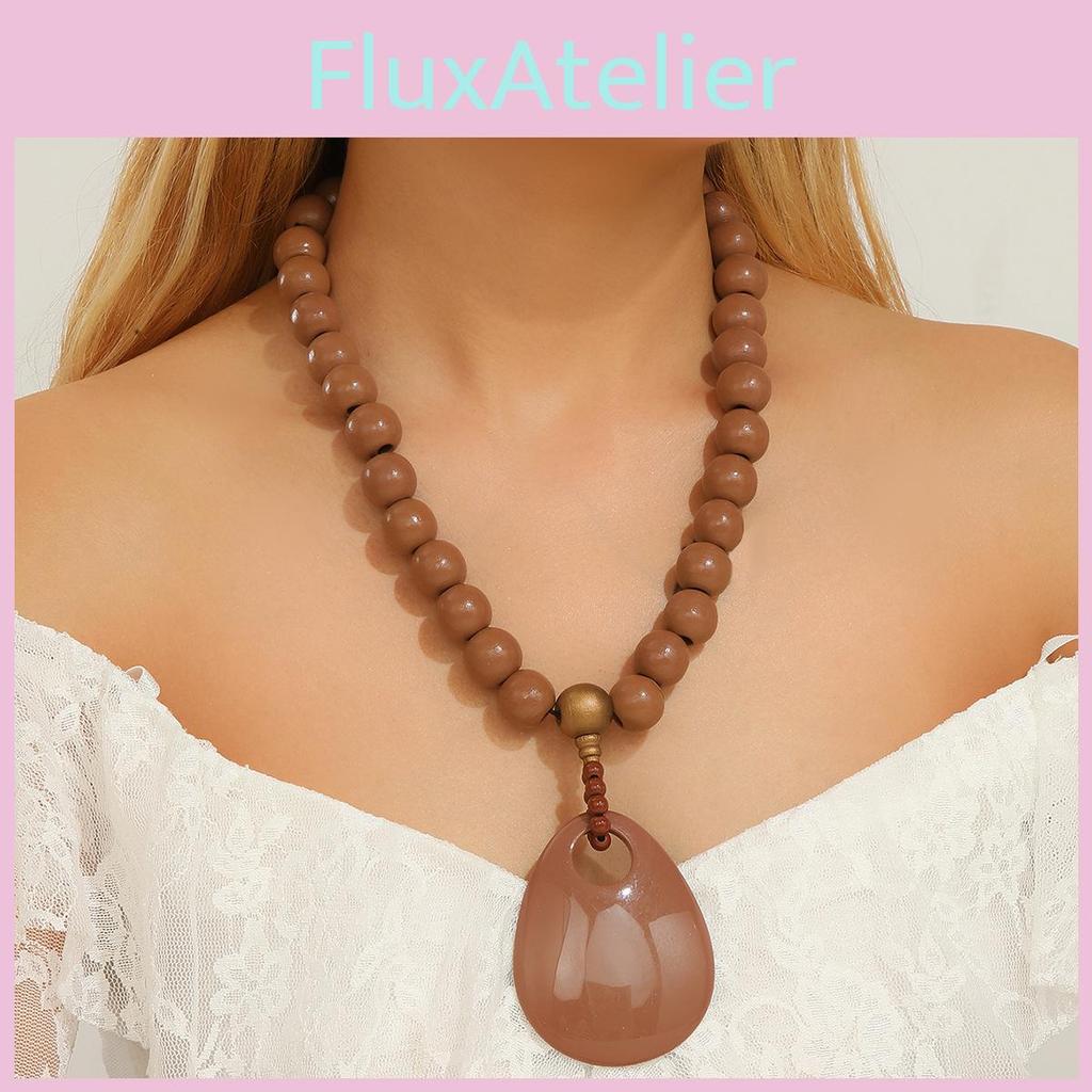 Wooden Beaded Summer Necklace Women Stretch Chain Geometric Decoration Pendant
