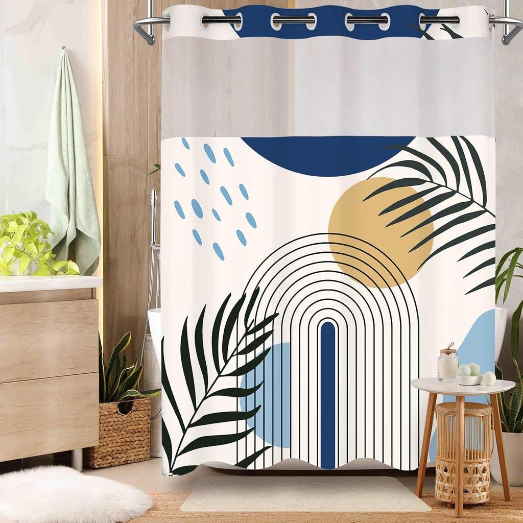 No Hook Shower Curtain with Snap In Liner and Liner Set, Boho Mid Century Sun Shower Curtain for Bathroom Decor 71x74 In