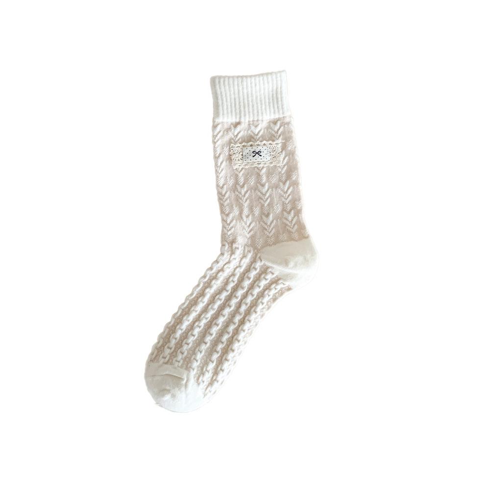 Female Autumn and Winter Thickened Warm Everything with Delicate Cloth Label Bowknot Floor Tube Stack Socks