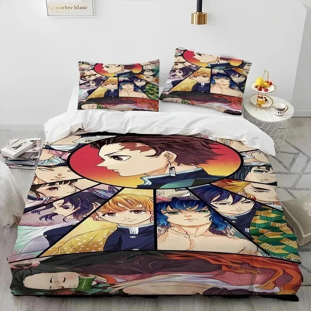 Conjunto de Roupa de Cama Dupla Infantil com Capa de Edredom e Fronhas do Anime Demon Slayer - Venda Quente 3D - Decoração de Quarto de Casa - Presente para Meninos Meninas