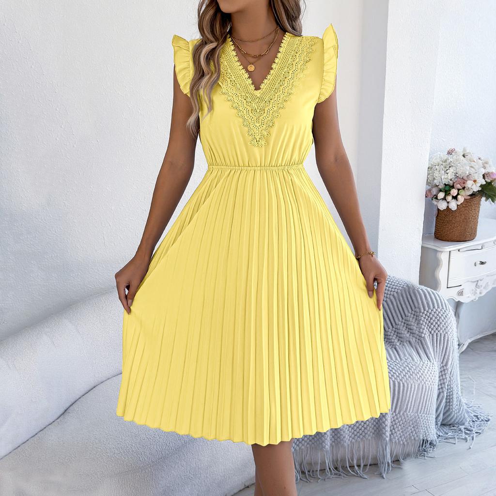 Modisches Lässiges Spitzen-V-Ausschnitt-Kleid mit Rüschen, Taillenbetonung und Falten
