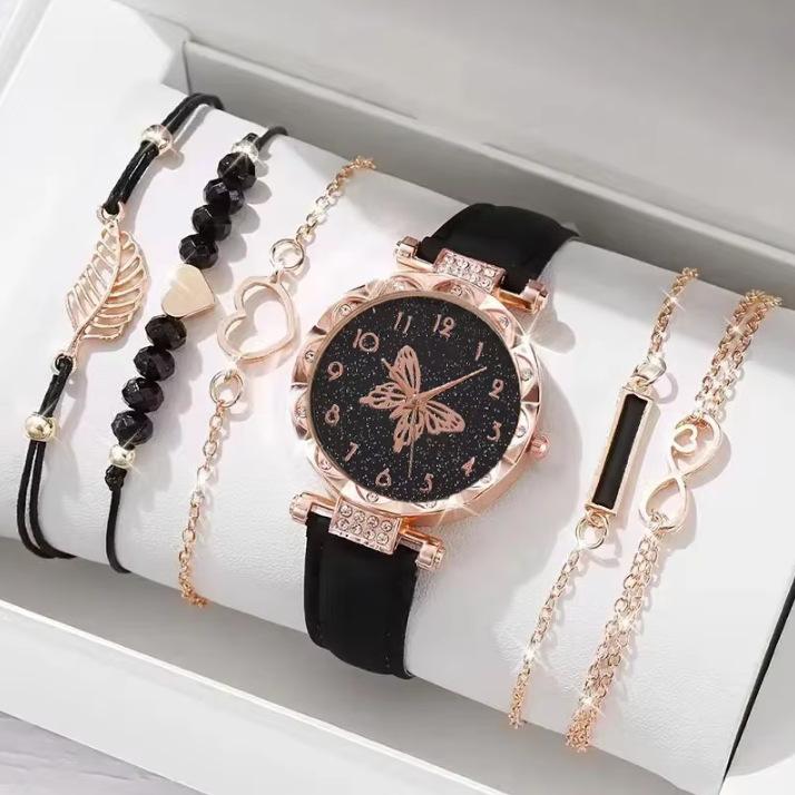 New Ladies Diamond Dial Belt Quartz Watch Beaded Bracelet Set 6Pcsset Chronograph Watch