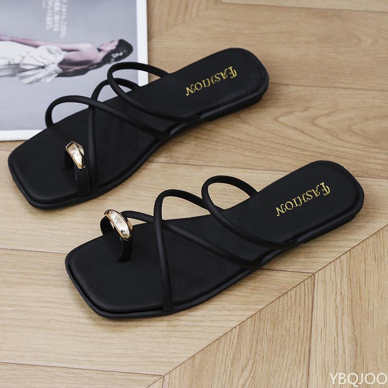Fashion 2025 Women's Slipper Summer Metal Buckle Cross Flats Roman Low Heels Sandals Ladies Open Toe Beach Slippers Zapatos Mujer