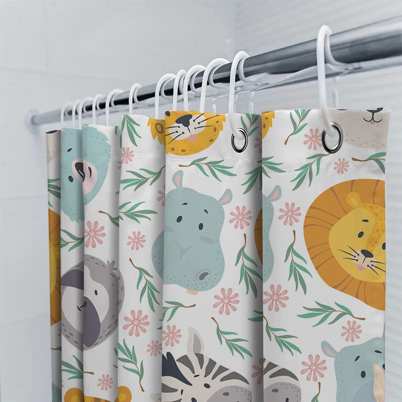 Animal Print Shower Curtain Multicolor Animal Design Bath Decor With Hooks For Home Decoration (White)