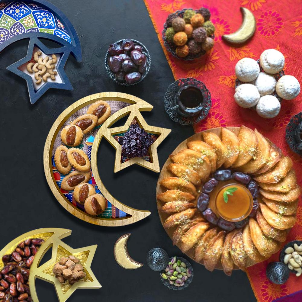Eid Mubarak Moon Star Candy Dessert Tray Wooden Tray Cake Food Holder Plate Islamic Muslim Ramadan Kareem Home Party Decorations