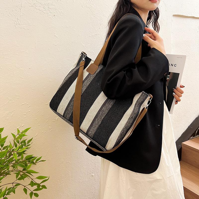 Canvas Bag Striped Tote Bag New Women's Bag Sweet Contrasting Color Handbag Crossbody Bag Large Capacity