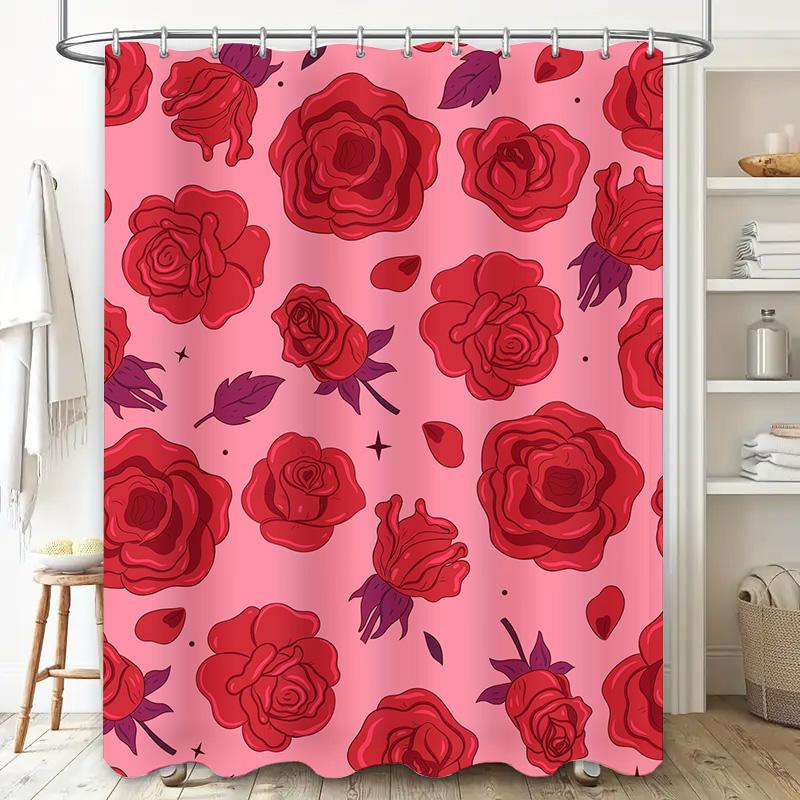 Red Rose Shower Curtain Pink Floral Pattern Wall Hanging Decor for Bathroom Extra Long 180x240cm Bath Shower Curtains Set with R
