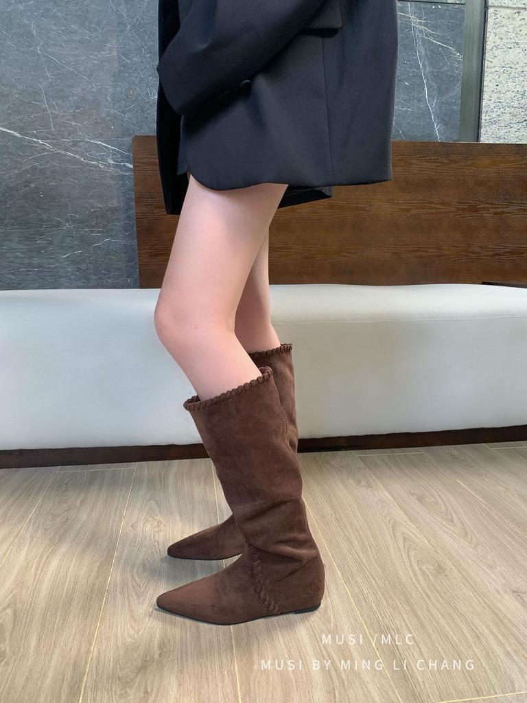 2025 winter new suede inner heightening knight boots long boots pointed but knee long boots children's pleated stacking boots