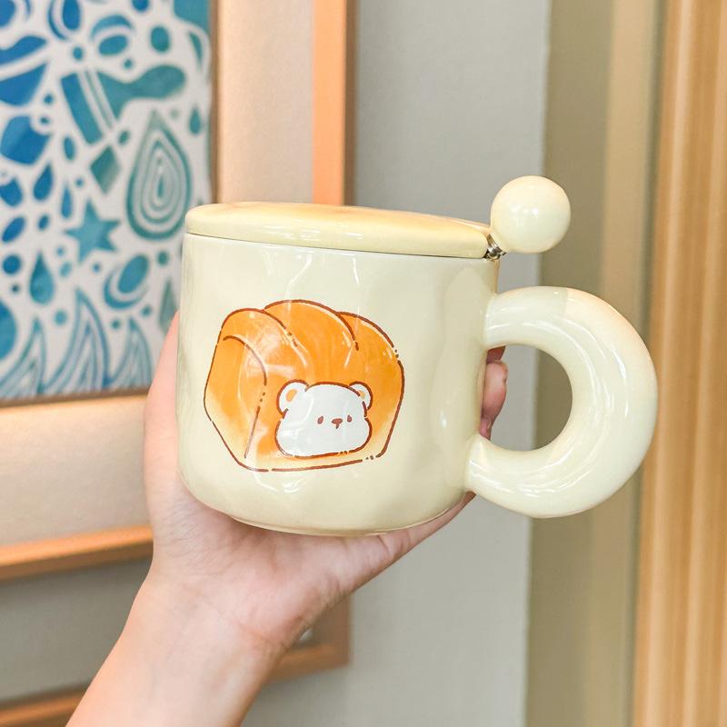 Cute Milk Fufu Cute Mug with Lid Spoon Girls Household Ceramic Coffee Cup Student Breakfast Milk Cup