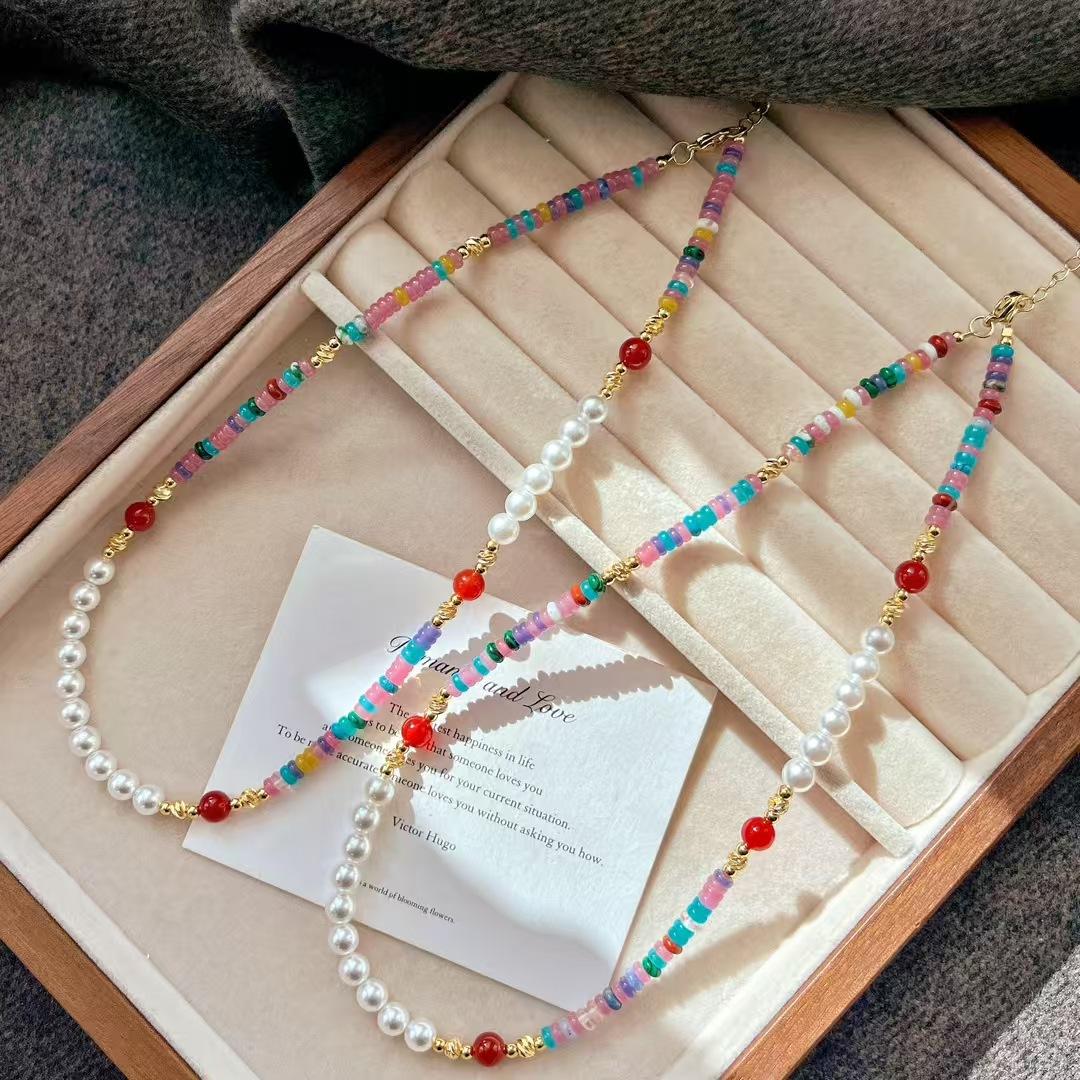 Vintage Romantic Dopamine Quartzite Ufo Beads Faux Crystal Pearl Collarbone Chain Necklace
