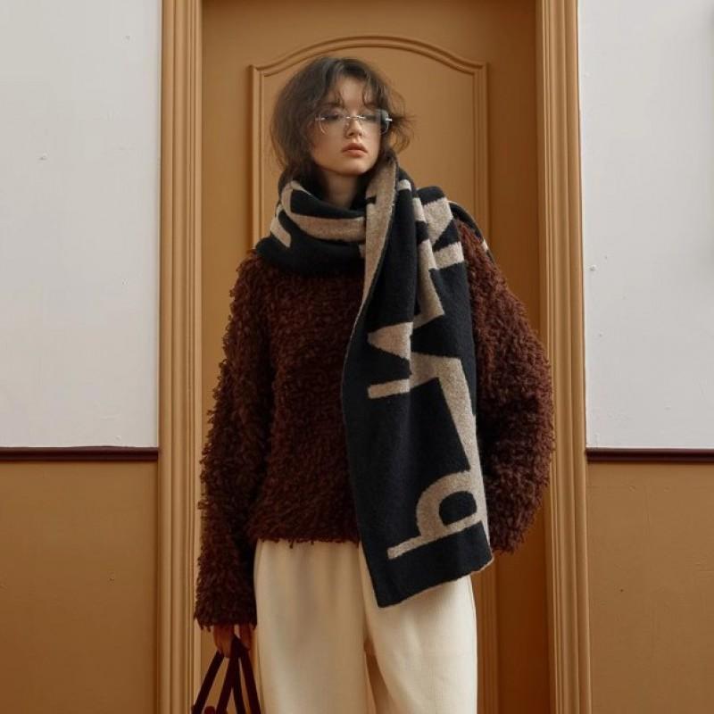 Winter Warm Wool Blend Scarf With Vintage Print Contrast Trim Soft Yak Hair Knit Shawl Women