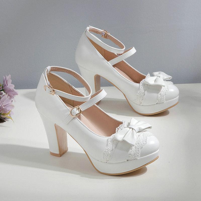 Sweet Bowknot Women's Shoes Comfort Buckle Thick High Heels Round Toe Girls Lolita Mary Jane Shoes Woman Party Wedding Shoe34-43
