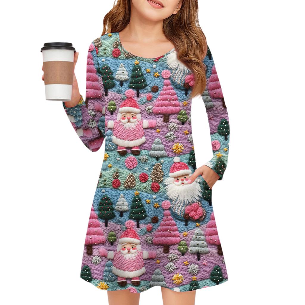 Christmas Day Girls' Long Sleeve Dress - Color Pocket Dress