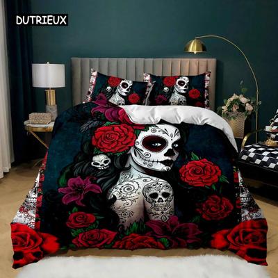Totenkopf Bettbezug Rote Rose Skelett Queen Floral Skelett Traditionell Mexikanisches Halloween Doppel Queen King Polyester Qulit Cover