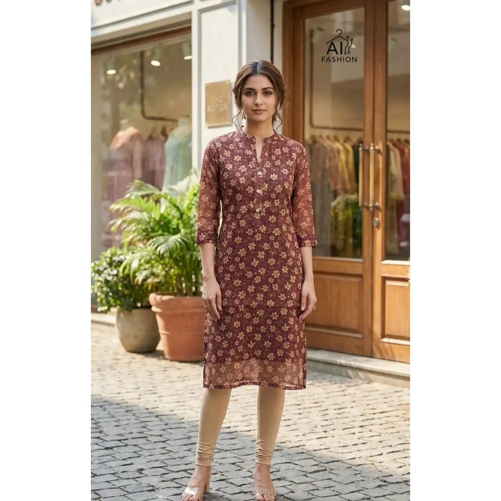 Floral Printed Simmer Silk Kurta Indian Women Daily Wear Top Tunic Kurti Dress