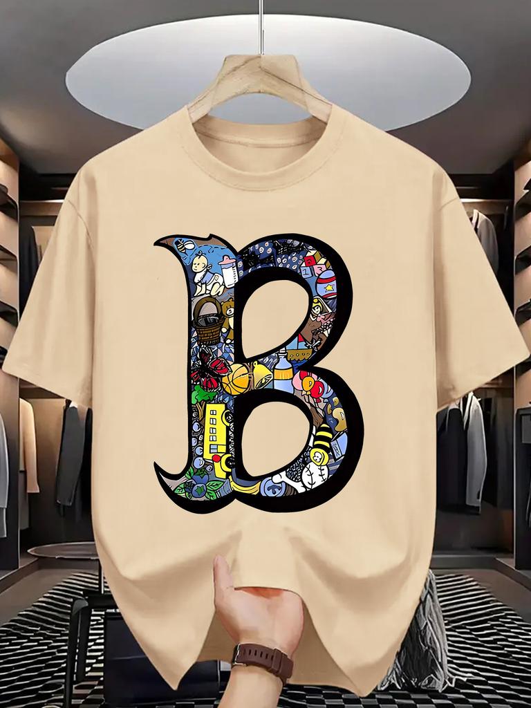 Letní pánské 100% bavlněné sportovně-ležérní módní volné nadměrné velikosti kreativní s potiskem písmena B kulatý výstřih krátký rukáv tričko top