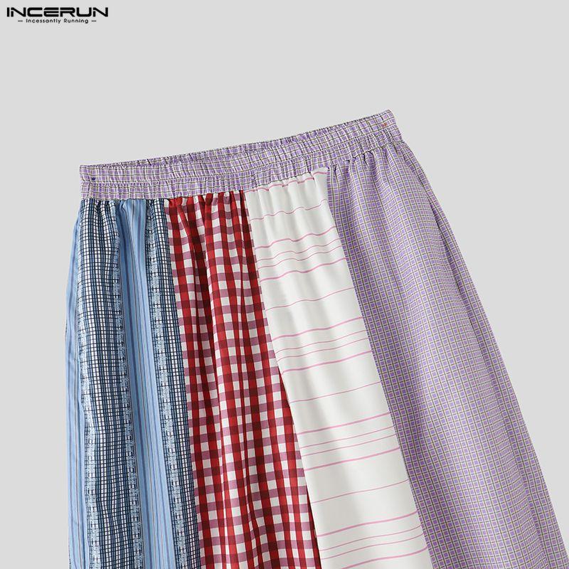 INCERUN Men's Patchwork Wide Leg Trousers Casual Loose Striped Plaid Pants Harajuku Streetwear Elastic Waist Bottoms