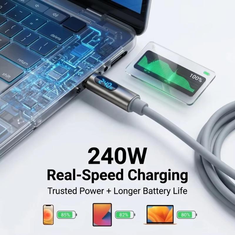 240W Multifunctional Led Digital Display Usb C To Usb C Fast Charging Cable, Soft Silicone Type C Charger Cord For Laptop Phone