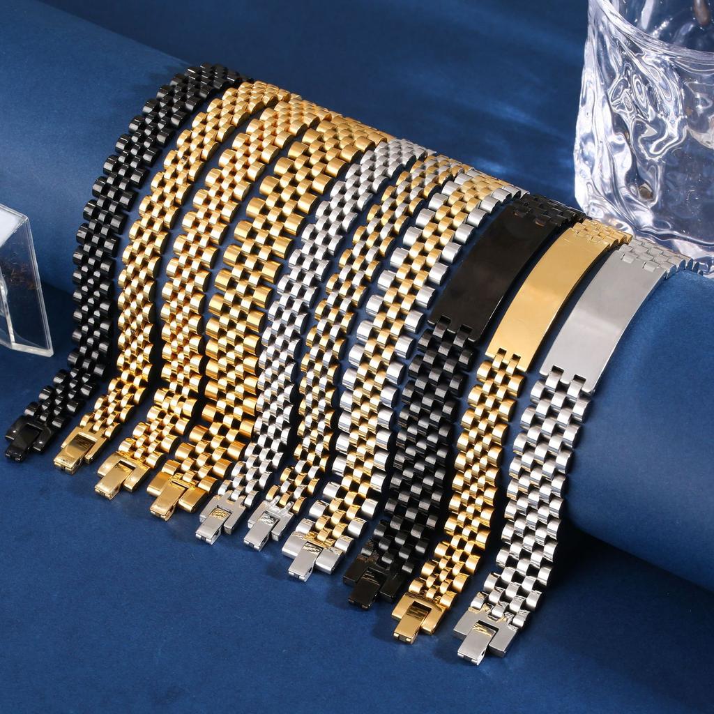 15mm Wide Curved Bar Watch Band Bracelet for Men Stainless Steel Adjustable Titanium Steel Korean Fashion Jewelry