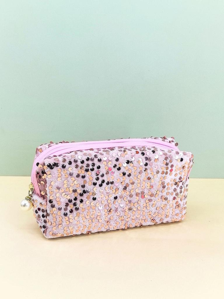 Velvet Sequin Makeup Bag With Large Capacity For Travel And Daily Use