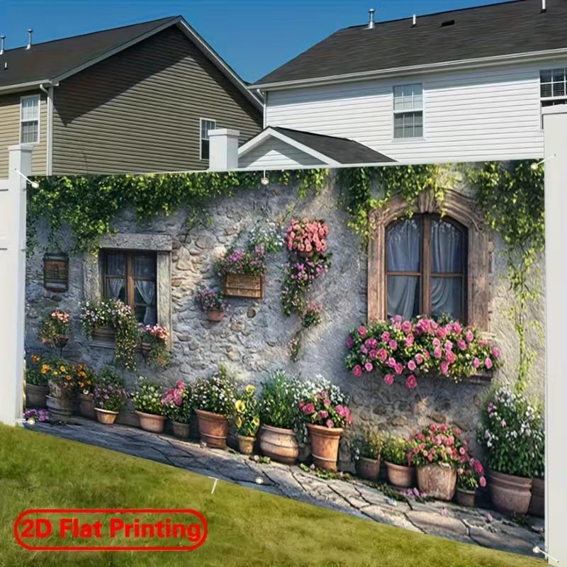 2D Italian Flower Wall Backdrop, Old Cottage with Potted Roses & Ivy for Outdoor Party