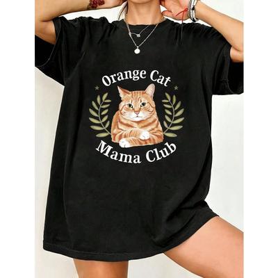 Black Oversized T Shirt Orange Cat Mama Club Print Graphic Tee For Women Casual Wear Summer Outfit Streetwear Fashion