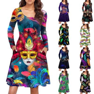 Damen Freizeitkleid mit Rundhalsausschnitt und langen Ärmeln, Karnevalsprint, lockere Taille, plissiertes Kleid