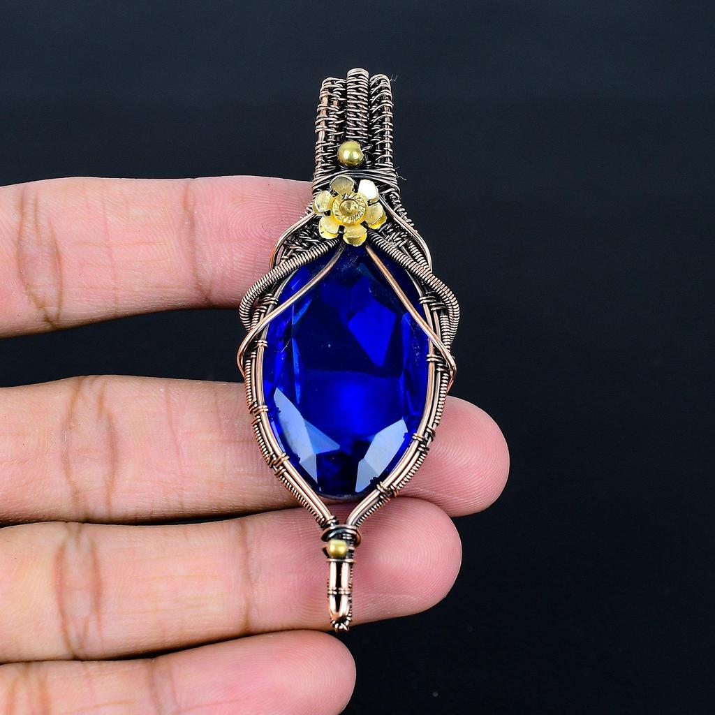 Blue Sapphire Pendant, Handmade Gemstone Pendant, 999 Copper Wire Wrapped Pendant Antique Jewelry, For Engagement Gift