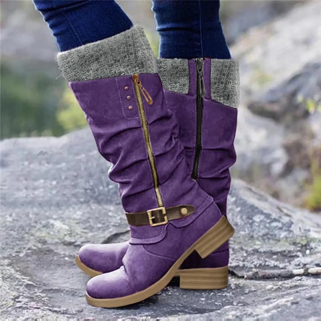 Vintage Women Boots Round Toe Casual Knee High Boots Autumn Winter Fashion Warm Ladies Shoes Solid High Quality