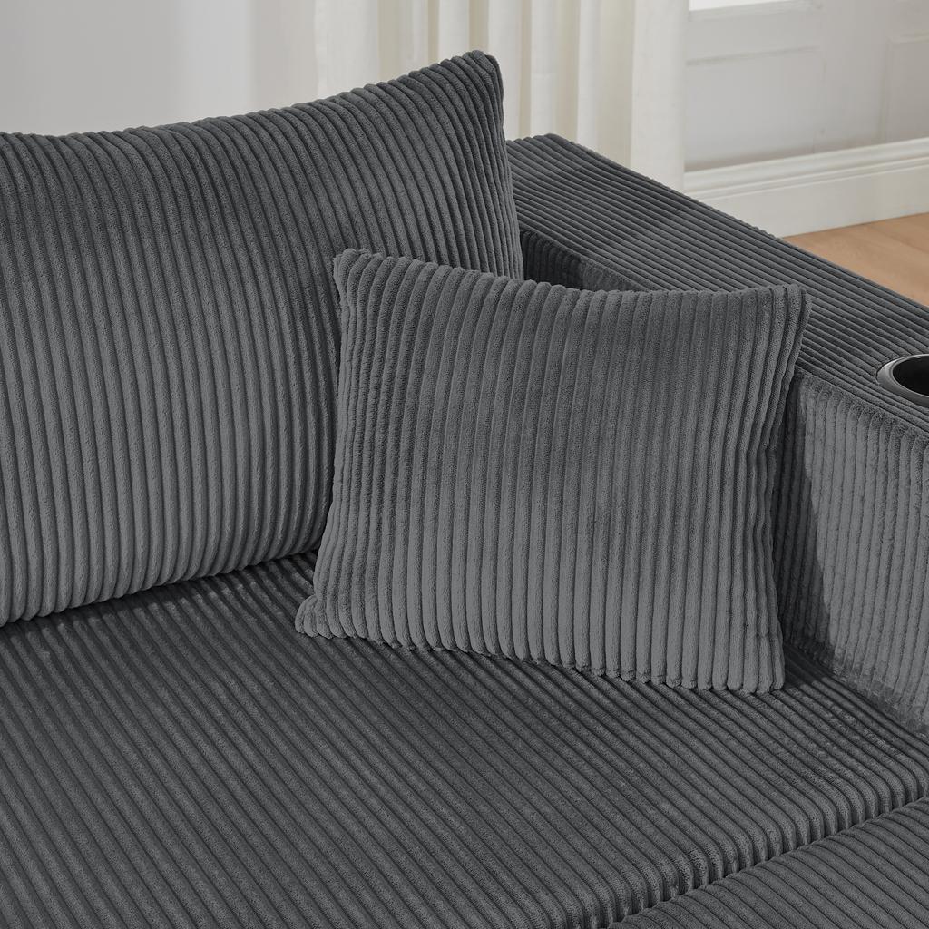 3-Seater Corner Sofa, L-Shaped with Movable Ottomans, Corduroy, Cup Holder, Side Pocket and Cushions, for Living Room, Hotels and Apartments, Gray