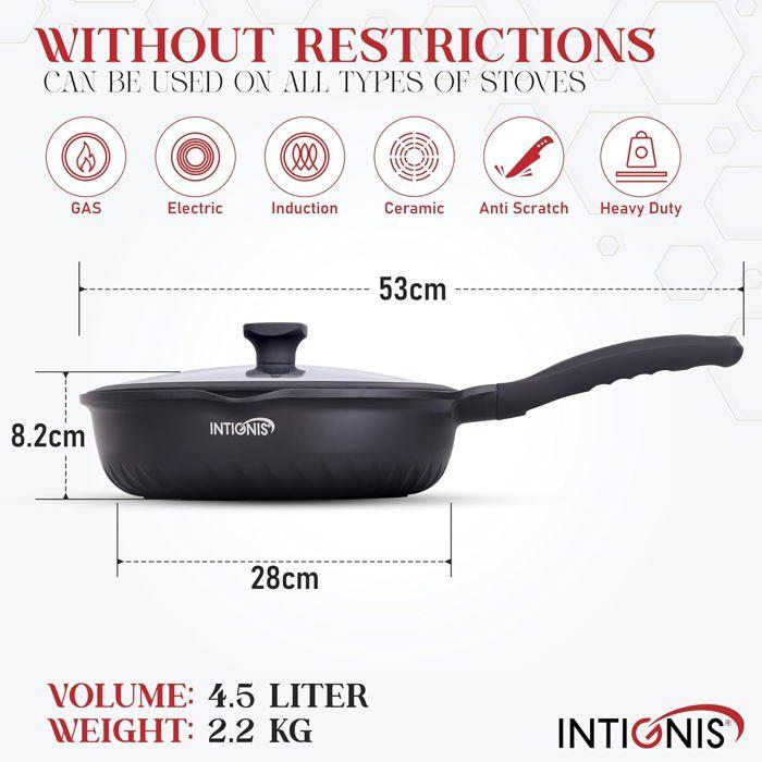 Poêle à frire - intignis - 28 cm - couvercle en verre anti-rayures - revêtement en pierre - compatible induction