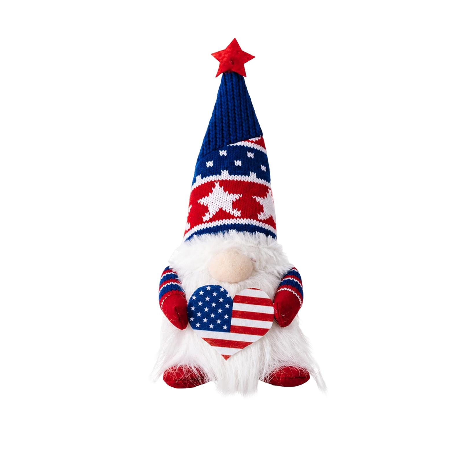 

Knitted Gnome Figurine with Heart Pattern and Star Accents Patriotic Themed Decorative Plush Doll for Holiday Home Display One Size