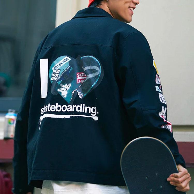 Li Ning X Og_Slick Collaboration Skateboard Series Cartoon Pattern Printed Loose Collar Cotton Jacket Winter Men Jacket Black AJMS017-2