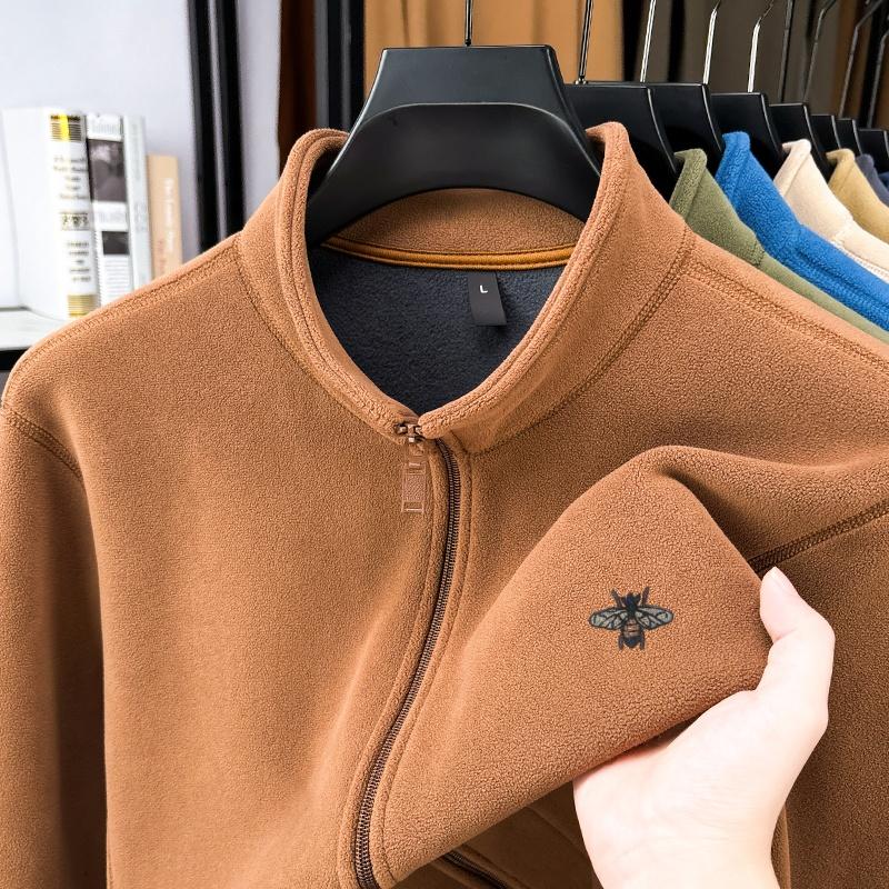 Men's Stand Up Collar Zipper Sweatshirt Winter Plush Thickened Bee Print Coat Fashion Casual Men'swear Top