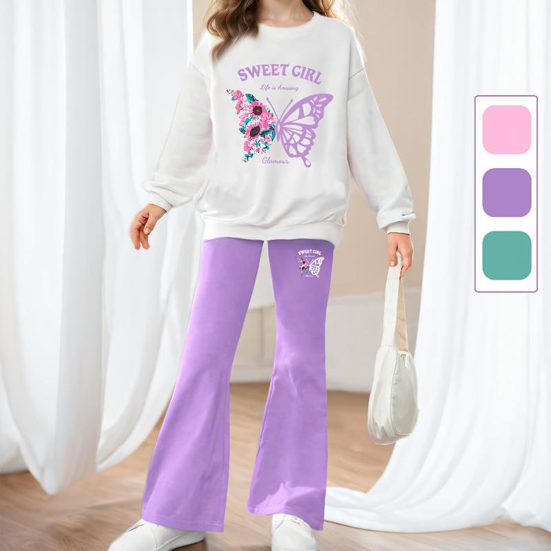 

Комплект из 2 предметов для девочек, толстовка с длинными рукавами и принтом «бабочка» + расклешенные брюки, повседневный детский костюм на осень 13-14Y светло-фиолетовый