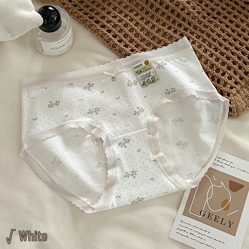10A Antibacterial Floral Lace Trim Cotton Crotch Mid-Waist Girly Briefs